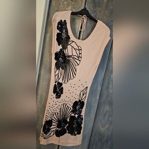 OASIS Pink + Black Sequin Floral Design Fitted Cocktail Dress (S)